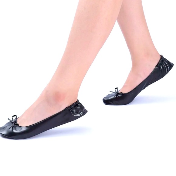 Large Black Ballet FLATS shoes Portable Travel Roll up Slippers In Bag Comfort L - Picture 1 of 14